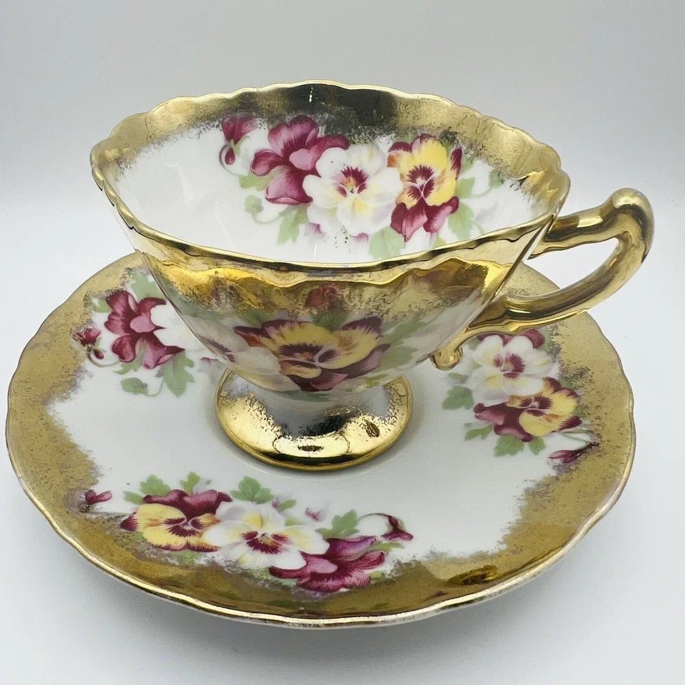 Norcrest Teacup Saucer Gold Encrusted Pansy Floral Footed China Japan Vintage